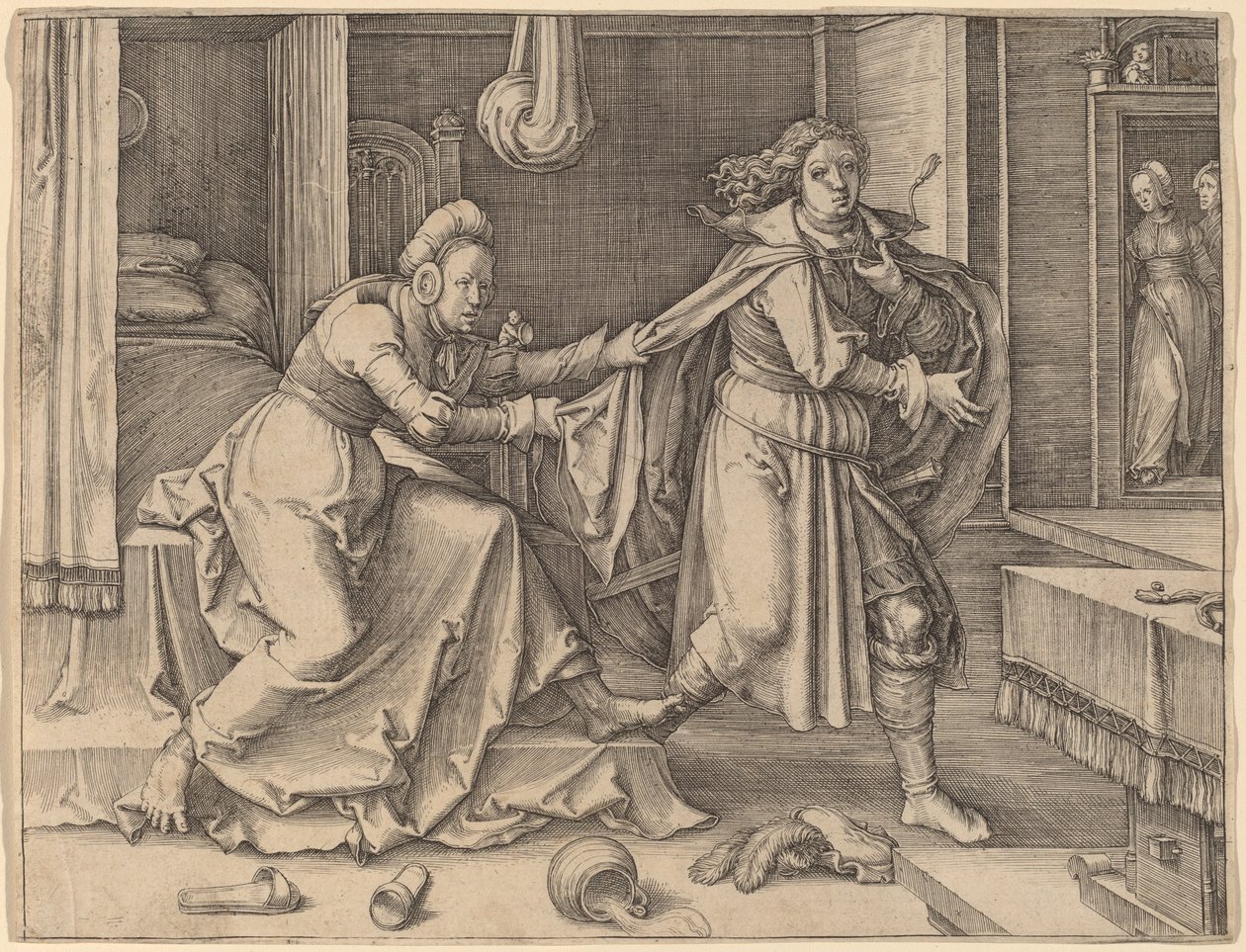 József megszökik Potifár felesége elől alkotó: Lucas van Leyden
