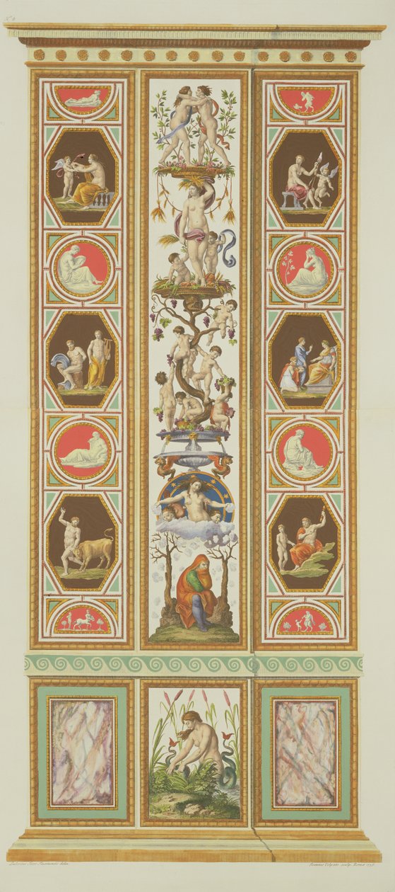 Panel a vatikáni Raphael-loggiáról, a „Delle Loggie di Rafaele nel Vaticano”-ból, Giovanni Volpato (1735-1803) metszet, 1775, 1777-77 körül (kézzel színezett metszet) (lásd még 17646) alkotó: Ludovicus Tesio Taurinensis