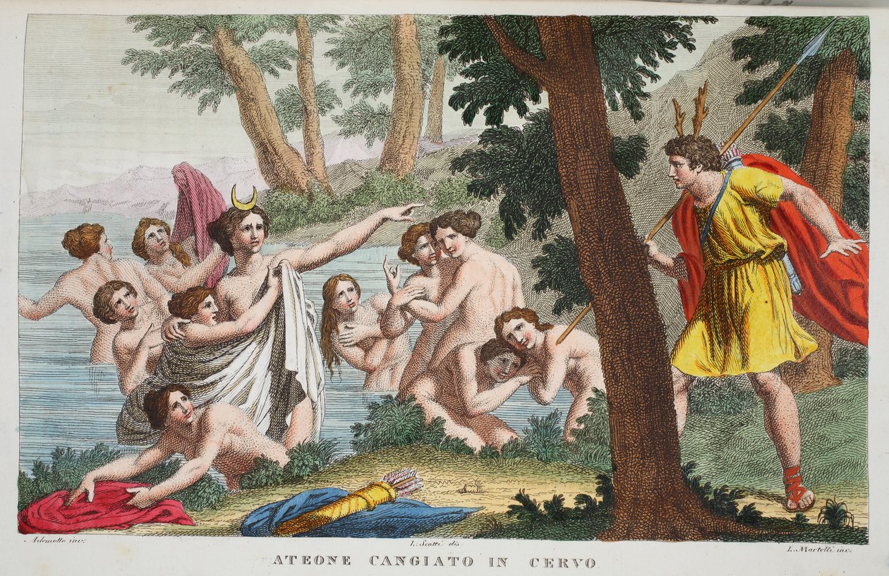 Actaeon szarvassá változása vagy Ateone Cangiato in Cervo, illusztráció Ovidius Metamorphoses című művéből, Firenze, 1832 (kézzel színezett metszet). alkotó: Luigi Ademollo
