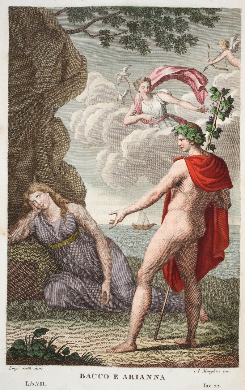 Bacchus és Ariadné vagy Bacco e Arianna, VIII. könyv, illusztráció Ovidius Metamorphoses című művéből, Firenze, 1832 (kézzel színezett metszet). alkotó: Luigi Ademollo