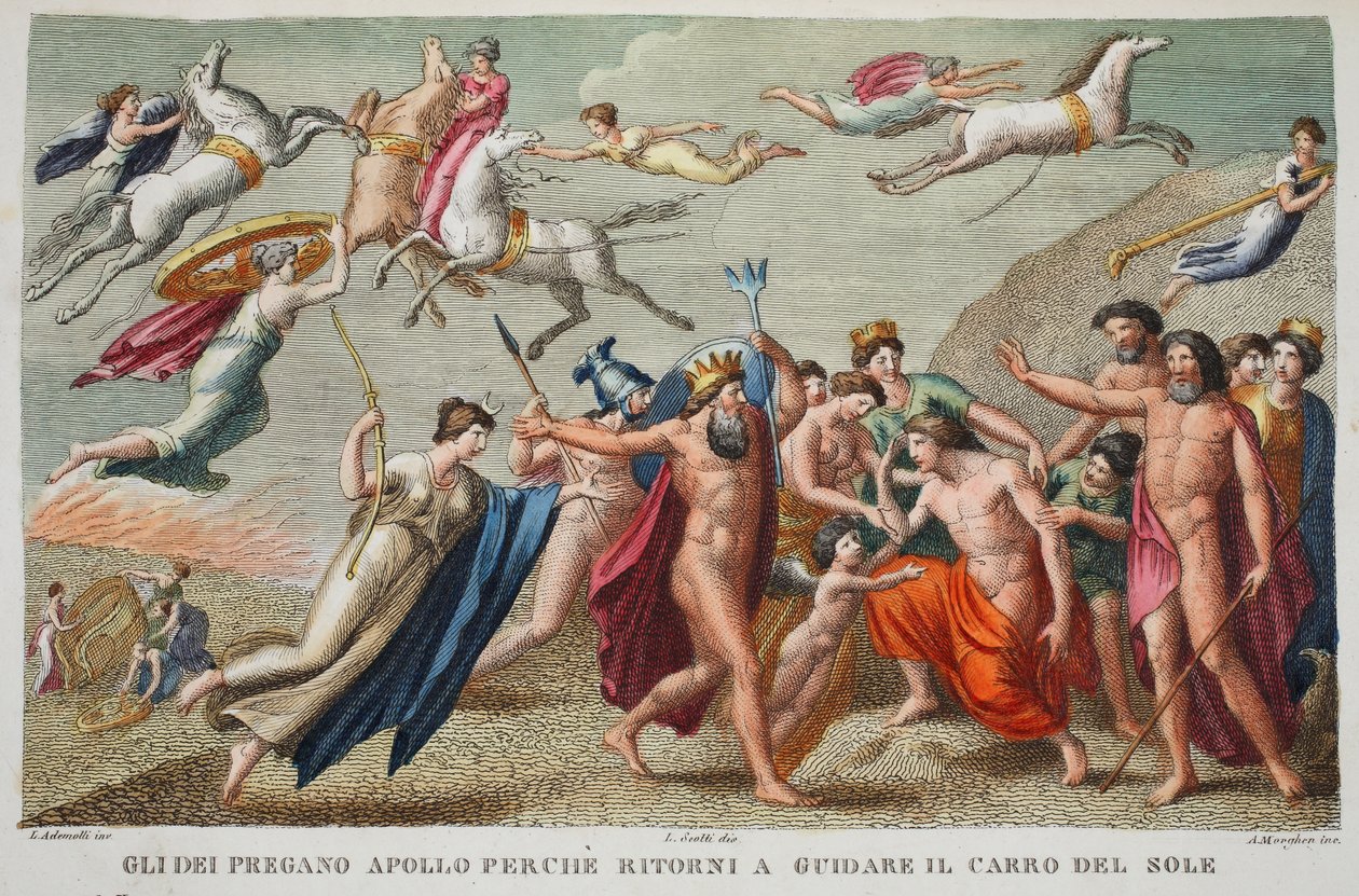 Digruntled Apollo refuses to drive or Gli Dei Pregano Apollo Perche ritorni a guidare il carro del sole, illusztráció Ovidius Metamorphoses című művéből, Firenze, 1832 (kézzel színezett metszet). alkotó: Luigi Ademollo