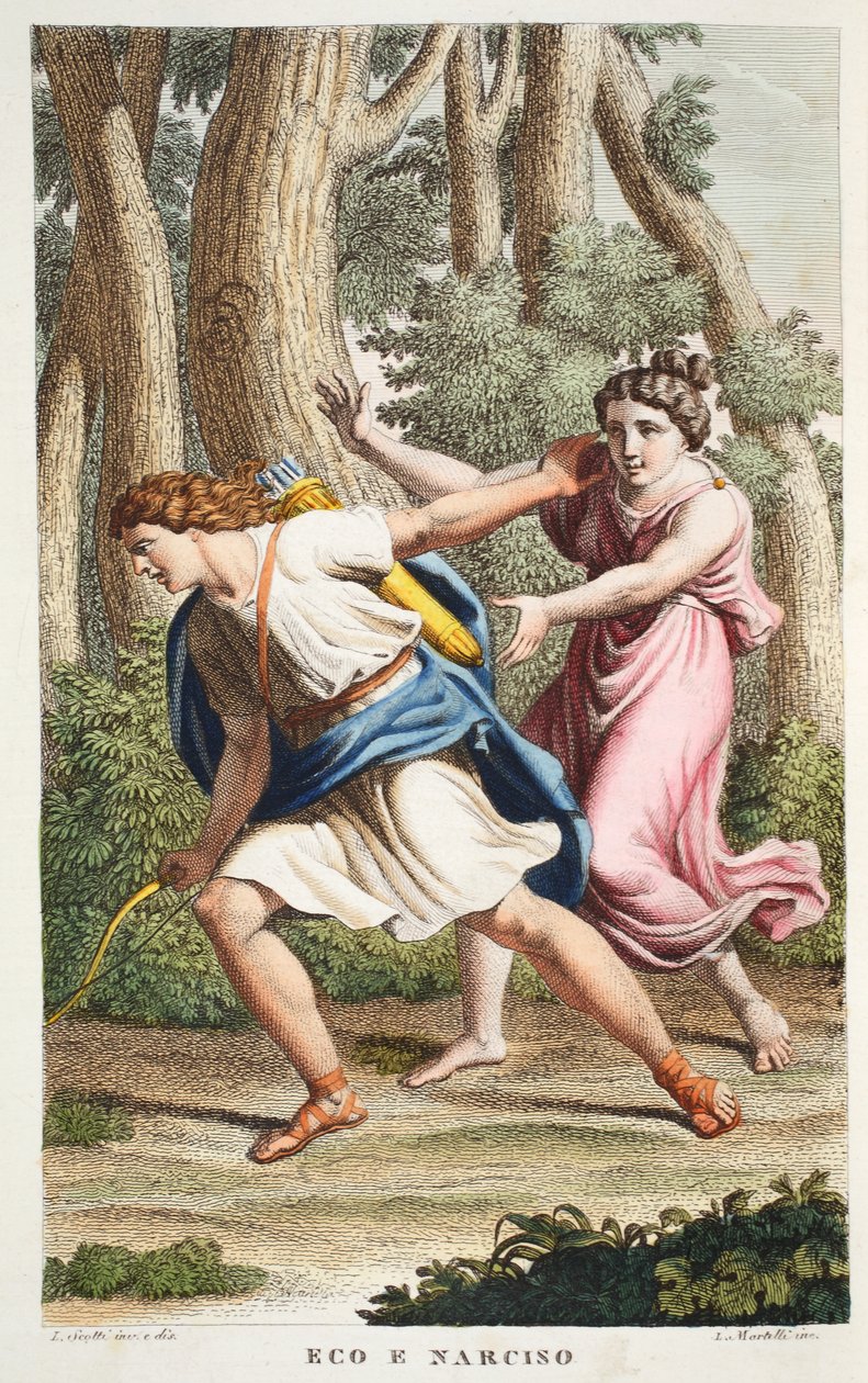 Echo és Nárcisz vagy Eco e Narciso, III. könyv, illusztráció Ovidius Metamorfózisaiból, Firenze, 1832 (kézzel színezett metszet). alkotó: Luigi Ademollo
