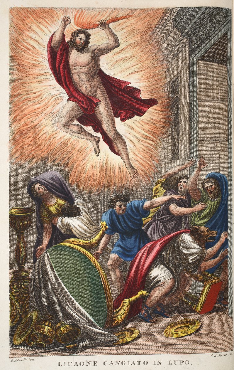 Lycaonból farkas vagy Licaone Cangiato in Lupo, illusztráció Ovidius Metamorphoses című művéből, Firenze, 1832 (kézzel színezett metszet). alkotó: Luigi Ademollo