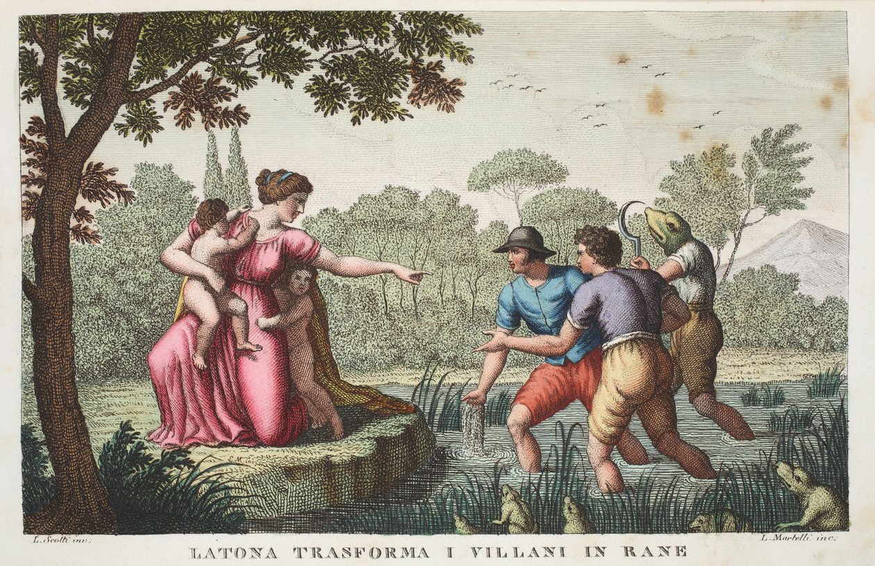 Líciai rusztikus békák vagy Latona transforma I Villani in Rane, VI. könyv, illusztráció Ovidius Metamorphoses című művéből, Firenze, 1832 (kézzel színezett metszet) alkotó: Luigi Ademollo