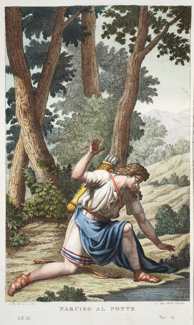 Nárcisz virágba vagy Narciso al Fonte, III. könyv, illusztráció Ovidius Metamorfózisaiból, Firenze, 1832 (kézzel színezett metszet) alkotó: Luigi Ademollo