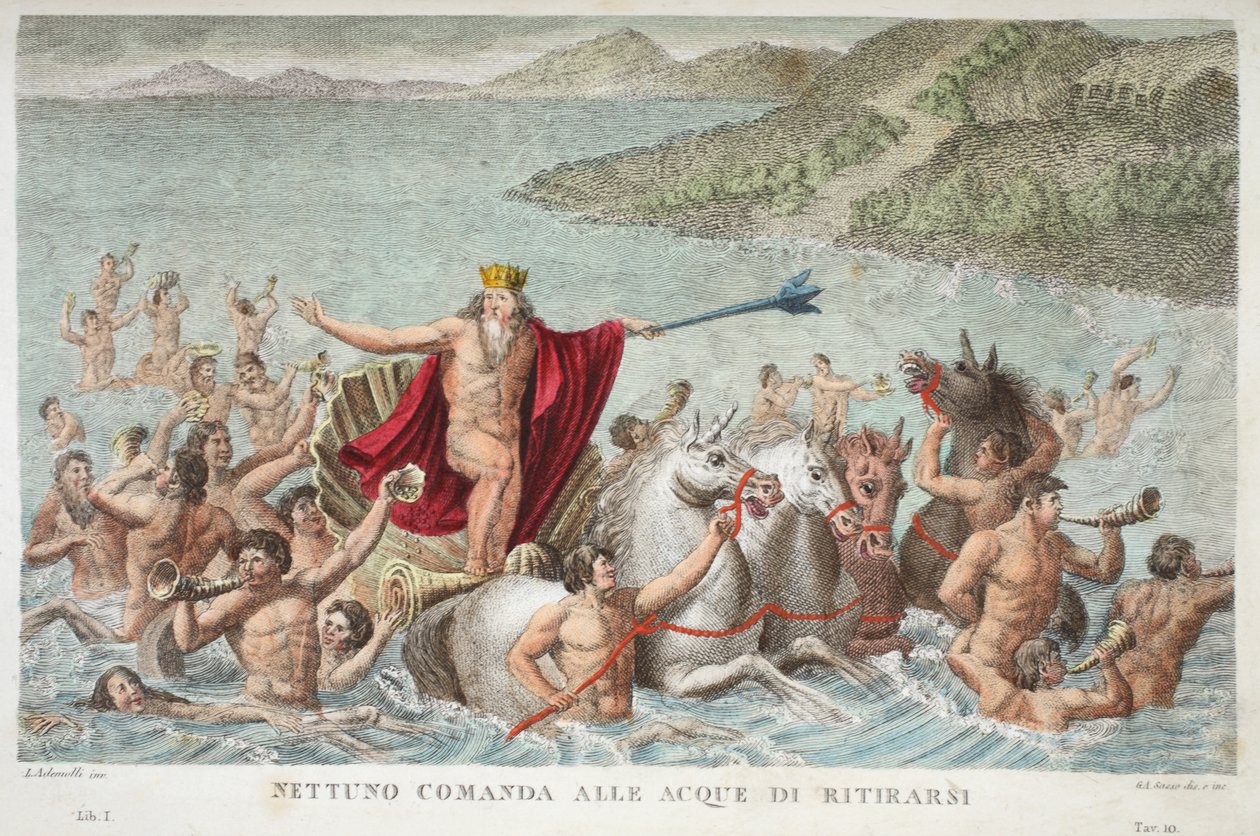 A Neptunusz megnyugtatja a hullámokat vagy Nettuno Comanda alle Acque di Ritirarsi, I. könyv, illusztráció Ovidius Metamorfózisaiból, Firenze, 1832 (kézzel színezett metszet) alkotó: Luigi Ademollo