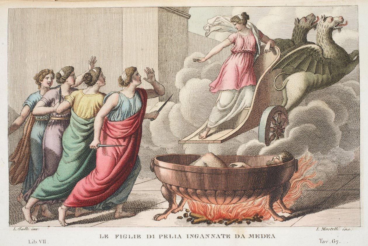 Pelias lányaival vagy Le Figlie di Pelia Ingannate da Medea, VII. könyv, illusztráció Ovidius Metamorfózisaiból, Firenze, 1832 (kézzel színezett metszet) alkotó: Luigi Ademollo