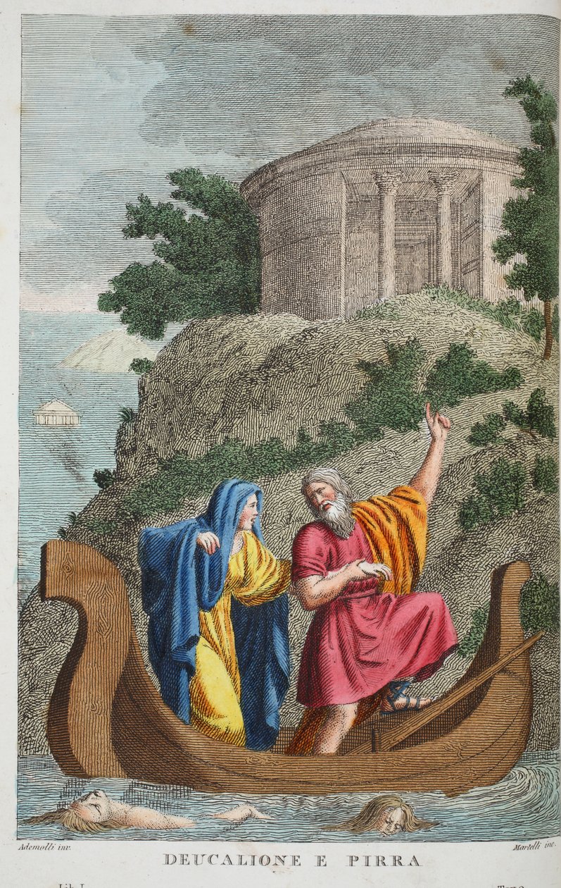 Pyrrha és Deucalion vagy Deucalione e Pirra, illusztráció Ovidius Metamorphoses című művéből, Firenze, 1832 (kézzel színezett metszet) alkotó: Luigi Ademollo