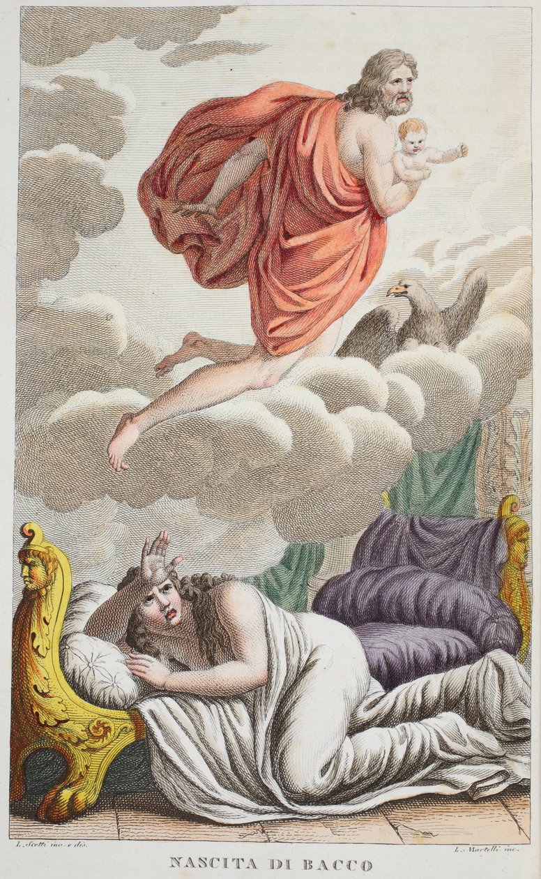 Semele Thunderstruck vagy Nascita de Bacco, illusztráció Ovidius Metamorphoses című művéből, Firenze, 1832 (kézzel színezett metszet) alkotó: Luigi Ademollo