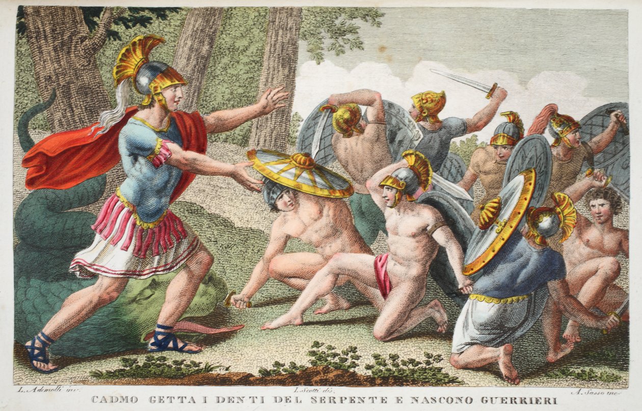 Katonák fakadnak ki a kígyó fogaiból vagy Cadmo getta I denti del serpente e nascono Guerrieri, illusztráció Ovidius Metamorphoses című művéből, Firenze, 1832 (kézzel színezett metszet) alkotó: Luigi Ademollo