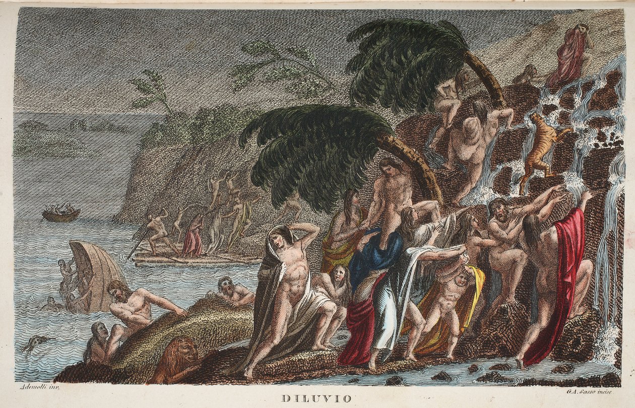 Az özönvíz vagy Diluvio, I. könyv, illusztráció Ovidius Metamorfózisaiból, Firenze, 1832 (kézzel színezett metszet) alkotó: Luigi Ademollo