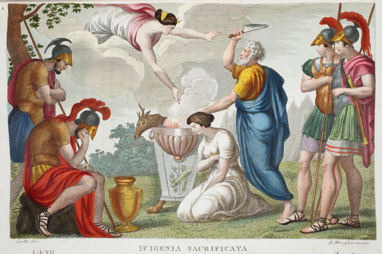 Iphigenia áldozata vagy Ifigenia Sacrificata, XII. könyv, illusztráció Ovidius Metamorfózisaiból, Firenze, 1832 (kézzel színezett metszet) alkotó: Luigi Ademollo