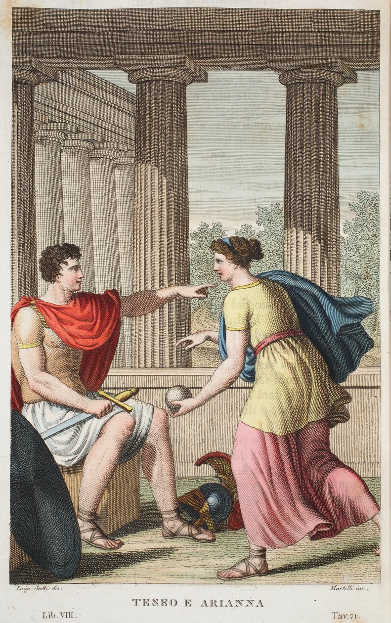 Thészeusz és Ariadne vagy Terro e Arianna, VIII. könyv, illusztráció Ovidius Metamorfózisaiból, Firenze, 1832 (kézzel színezett metszet) alkotó: Luigi Ademollo