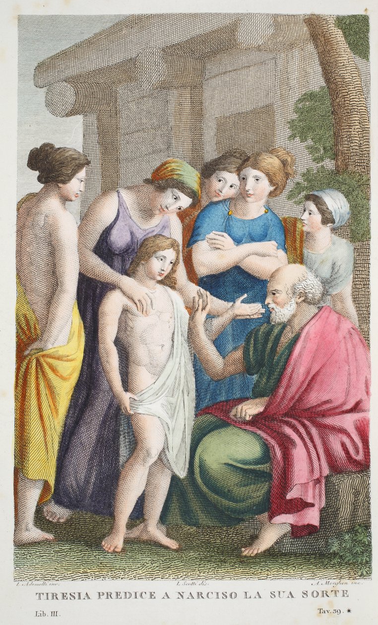 A Tiresias-próféciák vagy a Tirrenia a Narciso la sua sorte-t előzi meg, III. könyv, illusztráció Ovidius Metamorphoses című művéből, Firenze, 1832 (kézzel színezett metszet) alkotó: Luigi Ademollo