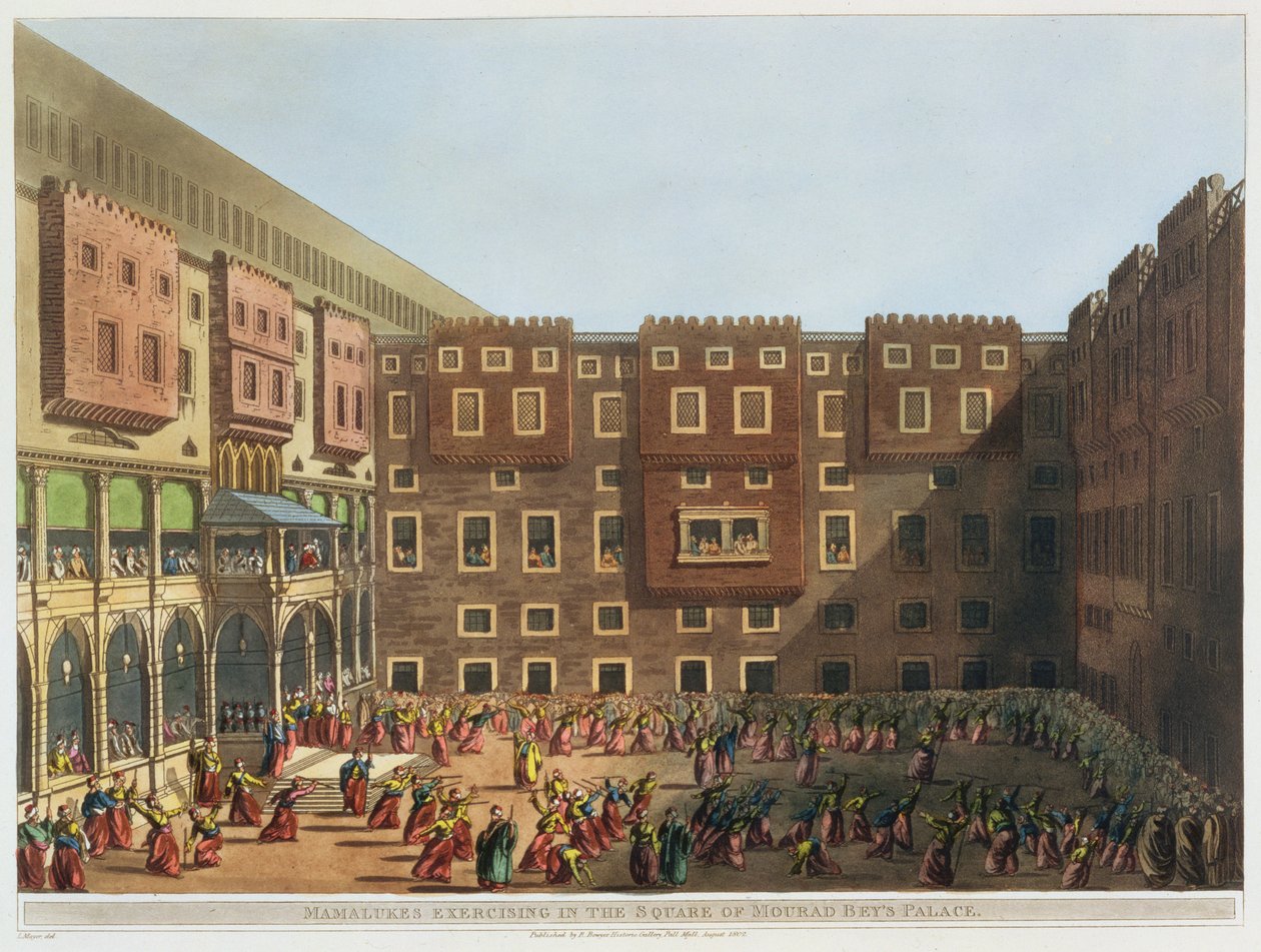 Mamelukek gyakorlatok a Mourad Bey palotája terén, 35. tábla a „Nézetek Egyiptomban” című könyvből, Thomas Milton (1743-1827) kocsma metszetével. írta: Robert Bowyer (1758-1834) 1802 (akvatinta) alkotó: Luigi Mayer
