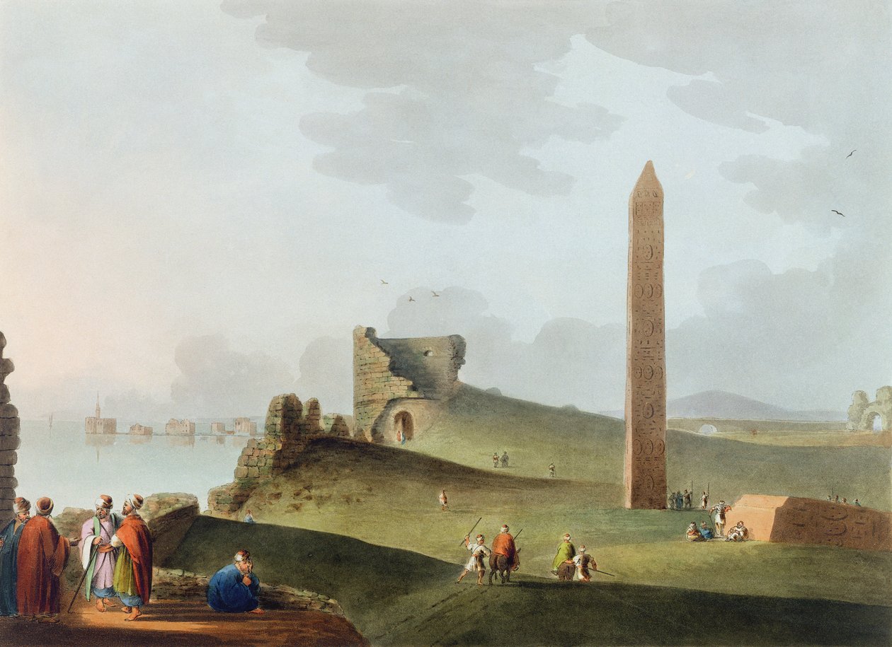Az alexandriai obeliszkek, az úgynevezett Kleopátra tűi, 12. tábla a "Views in Egypt" című műből, Thomas Milton (1743-1827) metszete, kiadó: Robert Bowyer (1758-1834) 1802 (aquatinta). alkotó: Luigi Mayer