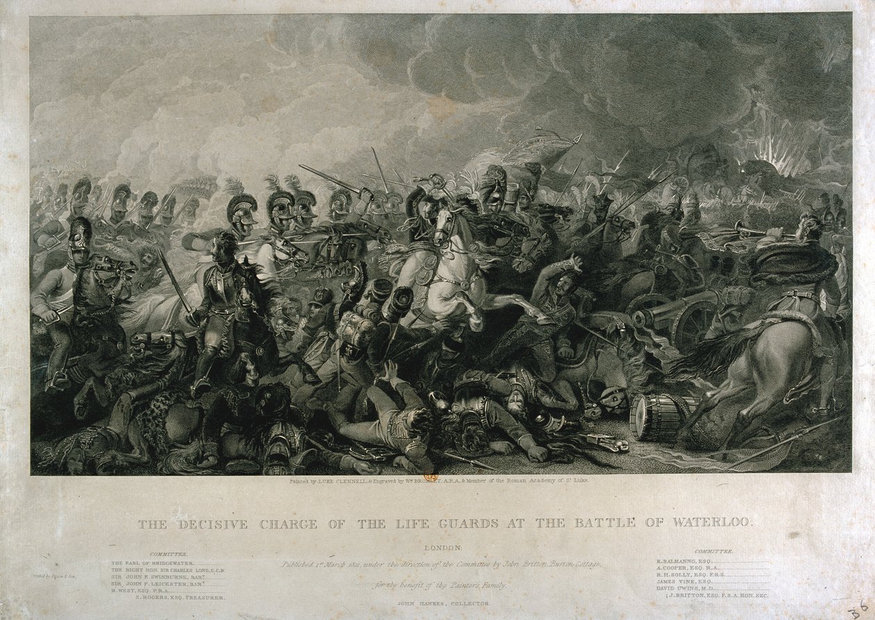 A Waterloo-i életőrök döntő vádja 1815-ben, vésette William Bromley, 1821 (kézzel színezett metszet) alkotó: Luke Clennell