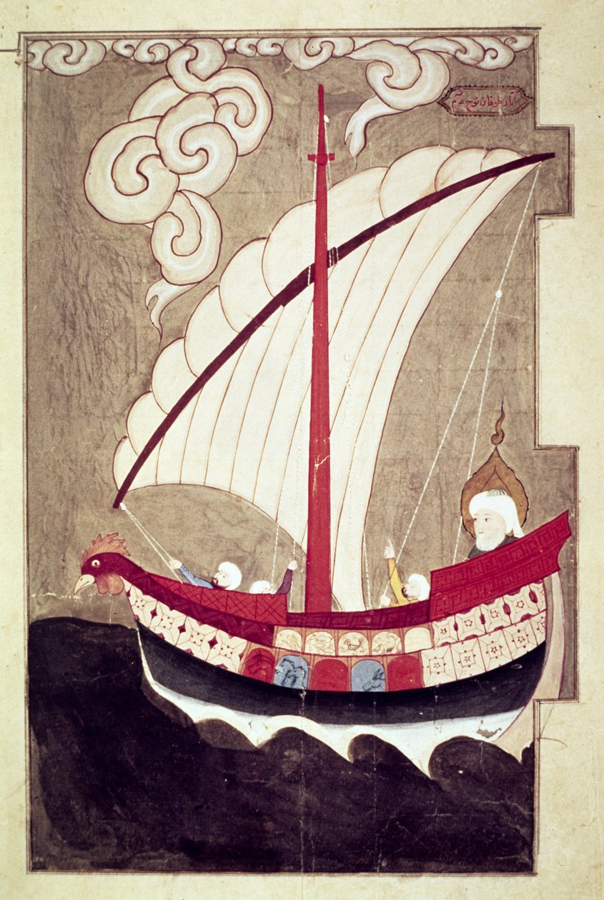 Noé hajózás a bárkájában, Zubdat al Tavarikhból, 1583 után fejeződött be (világítás) alkotó: Luqman i Ashur Luqman i Ashur