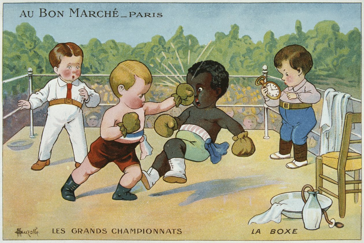 Promóciós kártya az Au Bon Marché áruházhoz, a „Les Grands Championnat” reklámmal, 1910 alkotó: Marcelin Auzolle