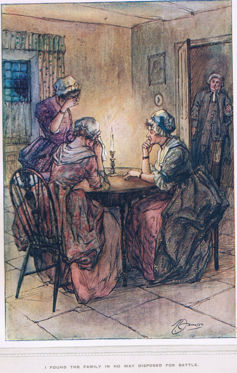 „Úgy találtam, hogy a család egyáltalán nem hajlandó harcolni” – illusztráció Oliver Goldsmith „The Vicar of Wakefield” című művéből, 1910 körül alkotó: Margaret Jameson