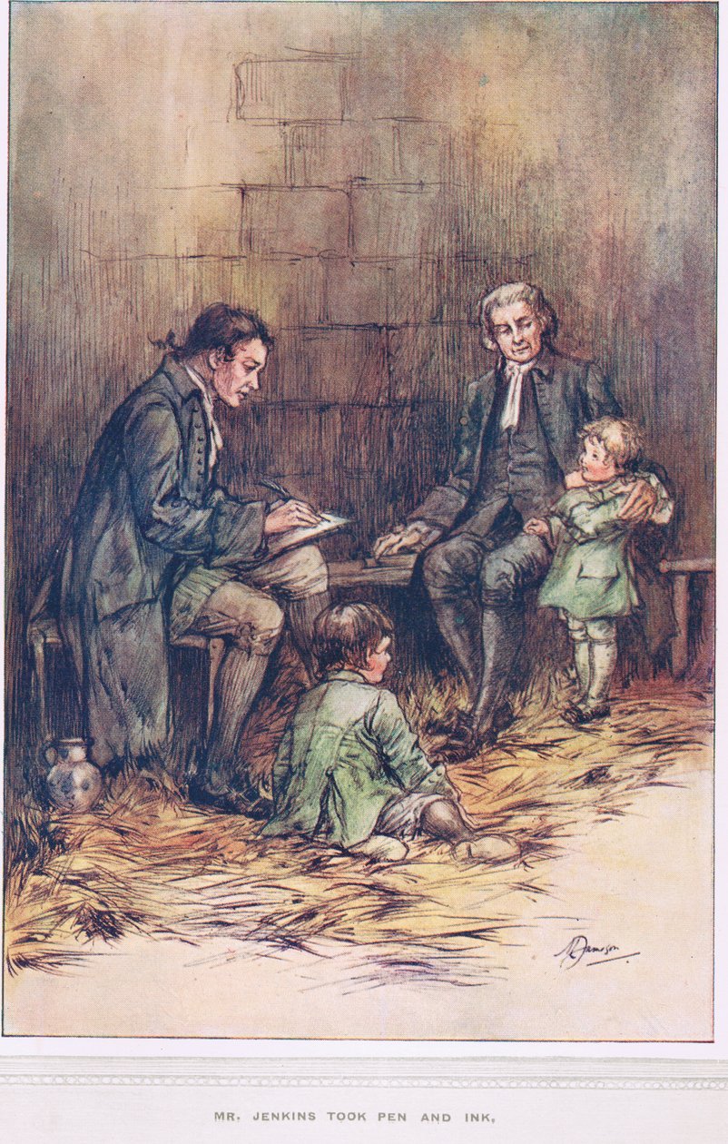 Mr Jenkins tollat és tintát vett, illusztrációja Oliver Goldsmith „The Vicar of Wakefield” című könyvéből, 1910 körül alkotó: Margaret Jameson