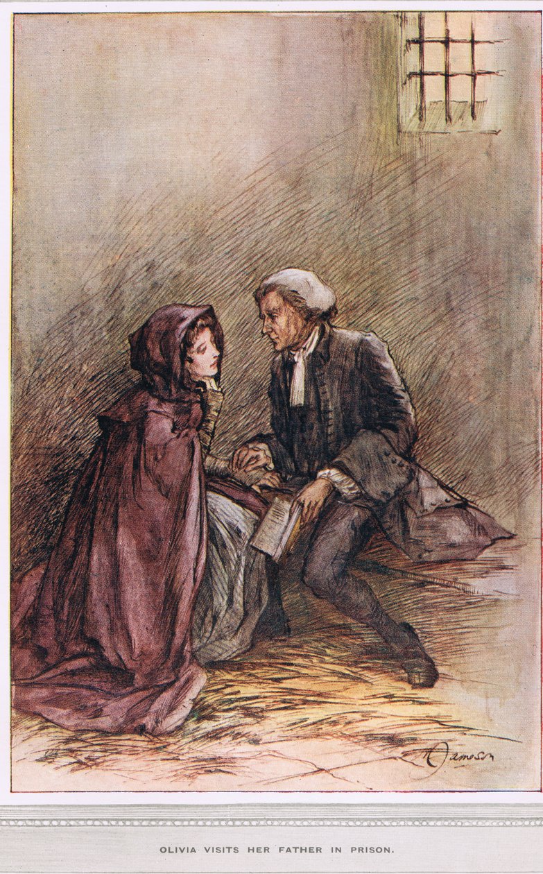 Olivia meglátogatja apját a börtönben, illusztráció Oliver Goldsmith "The Vicar of Wakefield" című művéből, 1910 körül. alkotó: Margaret Jameson