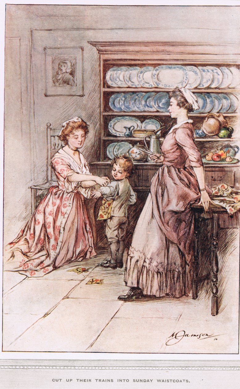 Vasárnapi mellényre vágták a vonataikat, Oliver Goldsmith "The Vicar of Wakefield" című illusztrációja, 1910 körül alkotó: Margaret Jameson