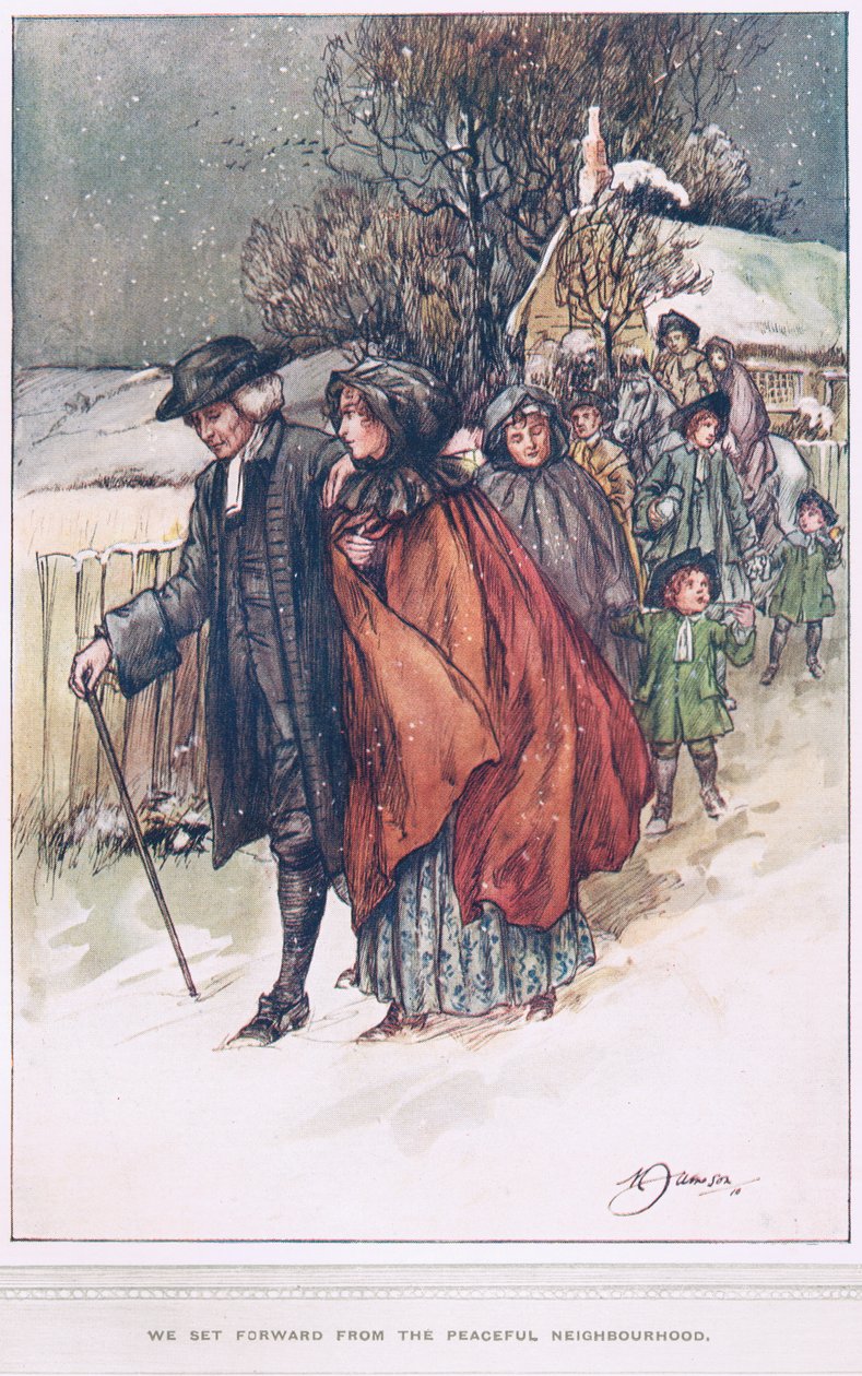 "Elindultunk a békés környékről", illusztráció Oliver Goldsmith "The Vicar of Wakefield" című művéből, 1910 körül. alkotó: Margaret Jameson