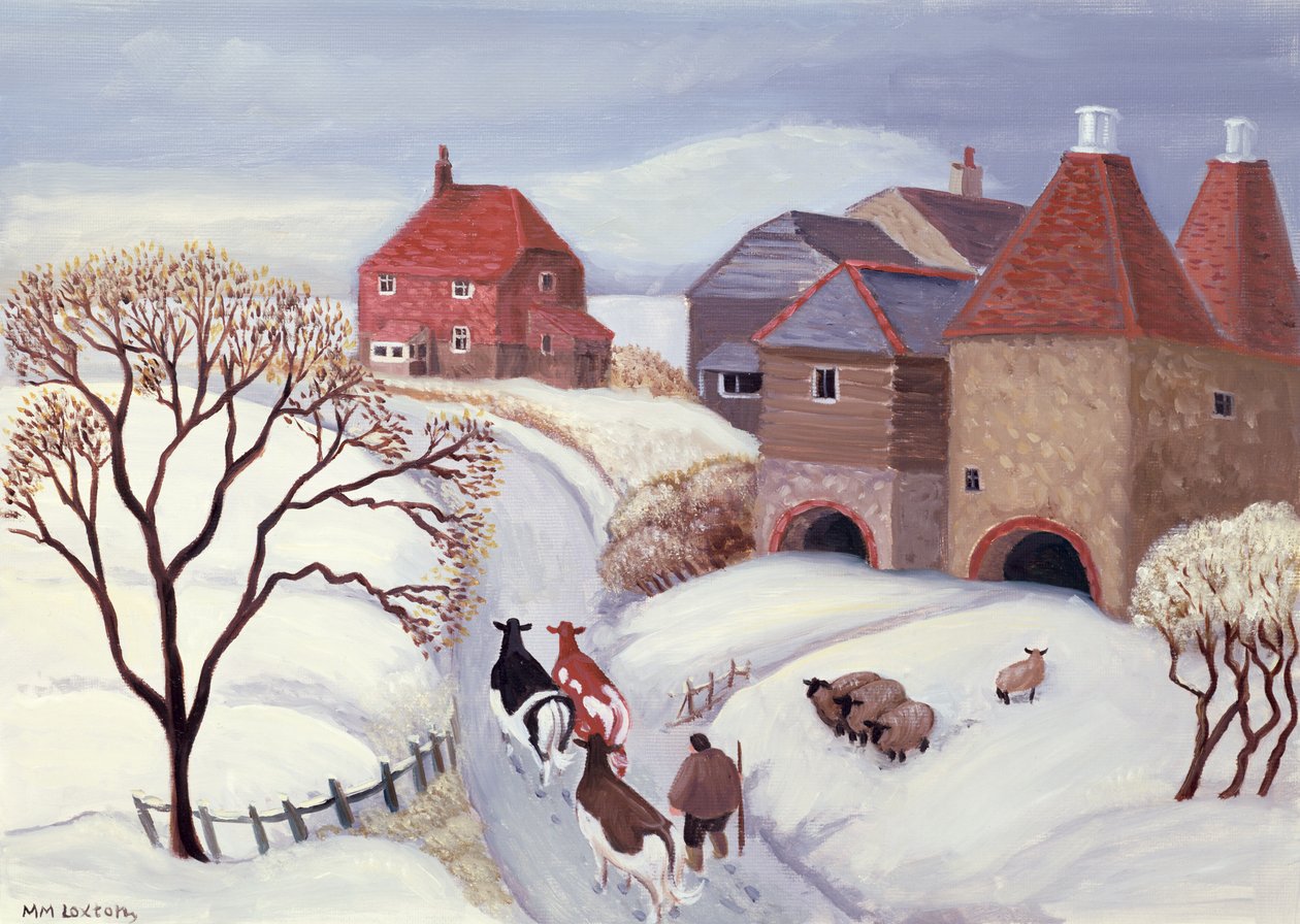Tehenek hazahajtása a hóban alkotó: Margaret Loxton