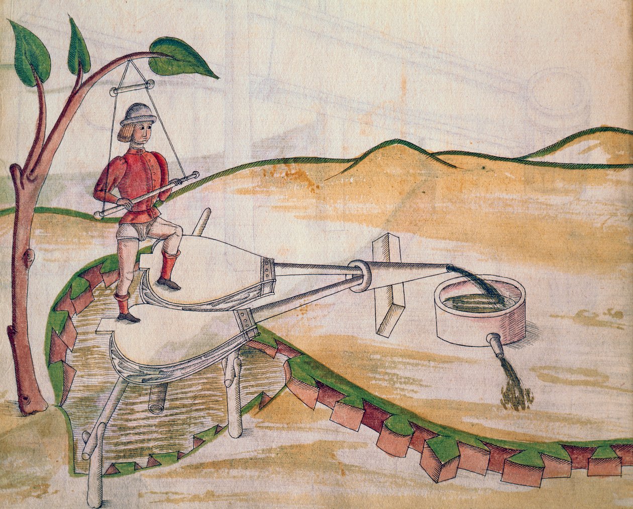 Fújtatóval működő szivattyú rajza, De Machinis illusztrációja (toll és tinta, WC papíron) alkotó: Mariano di Jacopo 1382 c.1453 after Mariano di Jacopo 1382 c.1453 after