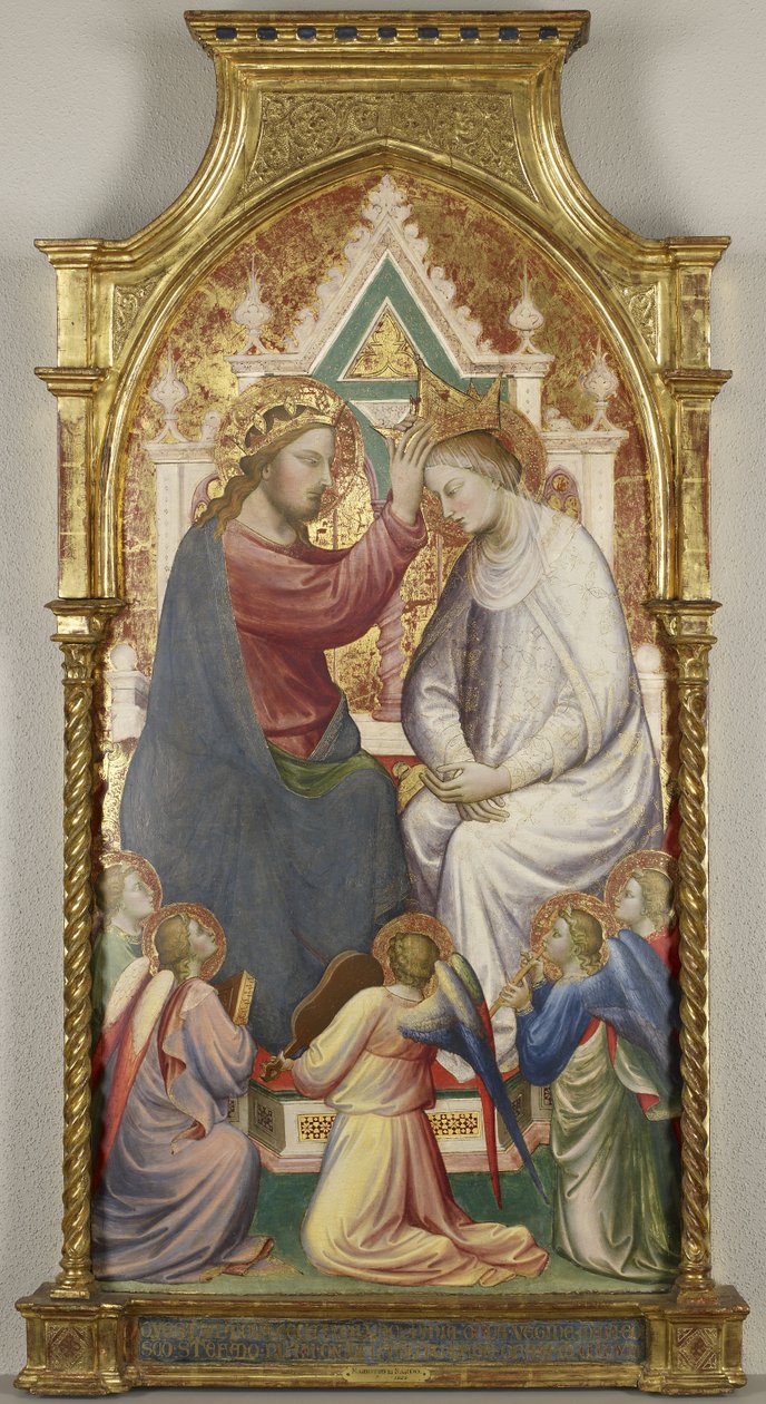 A Szűz megkoronázása öt muzsikáló angyallal, 1408 (tempera nyárfatáblán) alkotó: Mariotto di Nardo