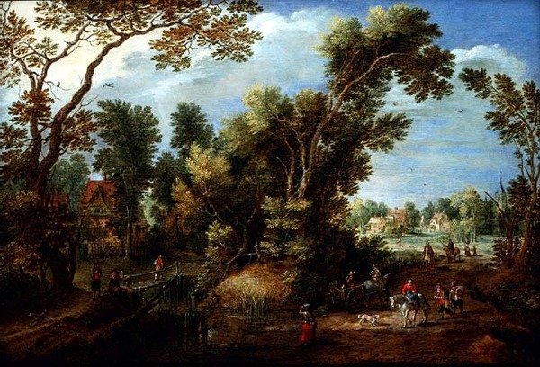 Fás folyó tájkép figurákkal alkotó: Marten Ryckaert