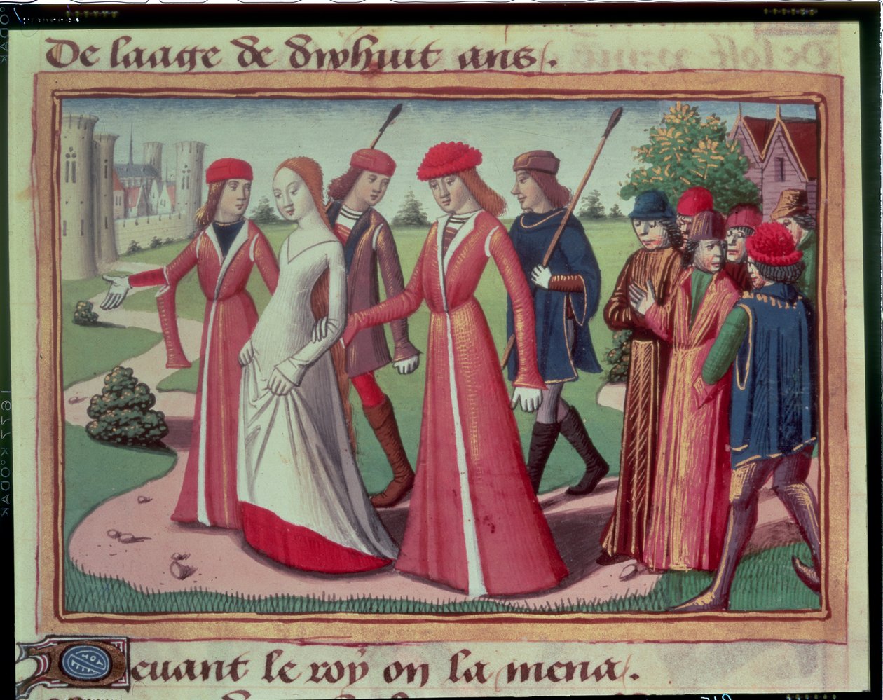 Jeanne of Arc (kb. 1412-31) VII. Károlyhoz (1403-61) vezetve VII. Károly vigíliáiból, 1484 körül alkotó: Martial de Paris