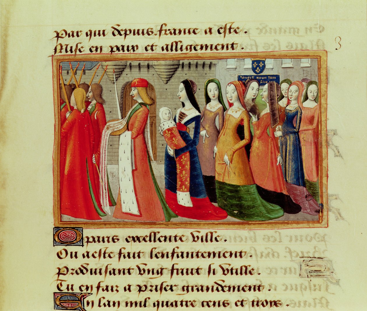 A dauphin (1403-61), a későbbi VII. Károly francia király bemutatása Párizs városának, VII. Károly vigíliájáról, 1484 körül. alkotó: Martial de Paris