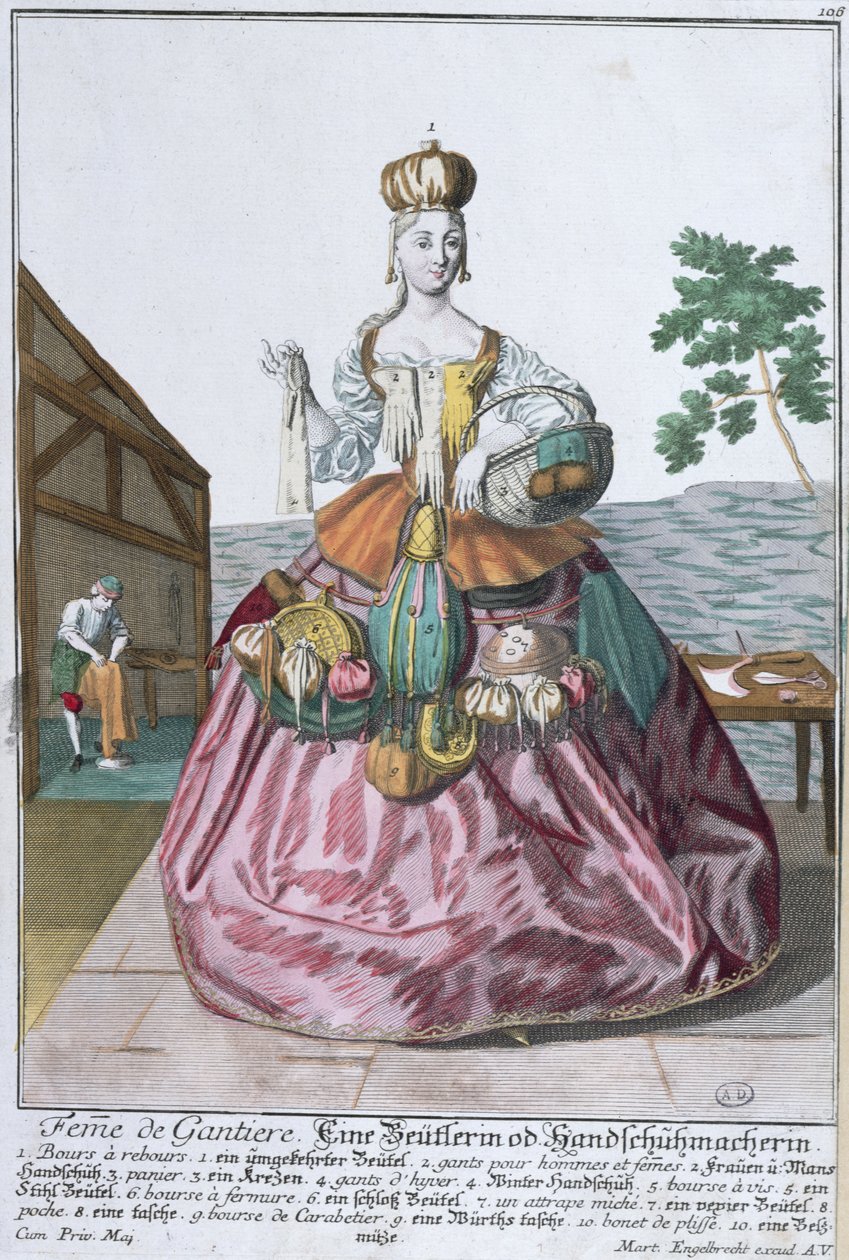 A kesztyűkészítő felesége, 1735 körül (színes metszet) alkotó: Martin Engelbrecht