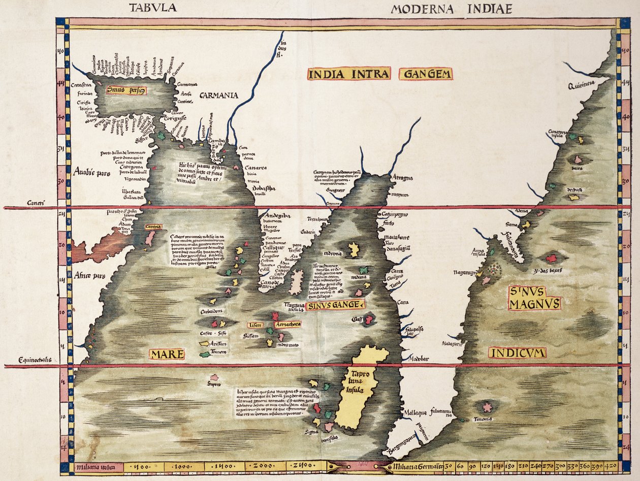 A Vörös-tenger és az Arab-öböl a feltételezett Maláj-félszigetig, Ptolemaiosz "Geographia" című művének strassburgi kiadásából. alkotó: Martin Waldseemuller