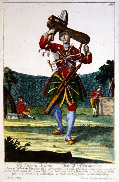 A fuvolakészítő, 1735 körül (színes metszet) alkotó: Martin Engelbrecht