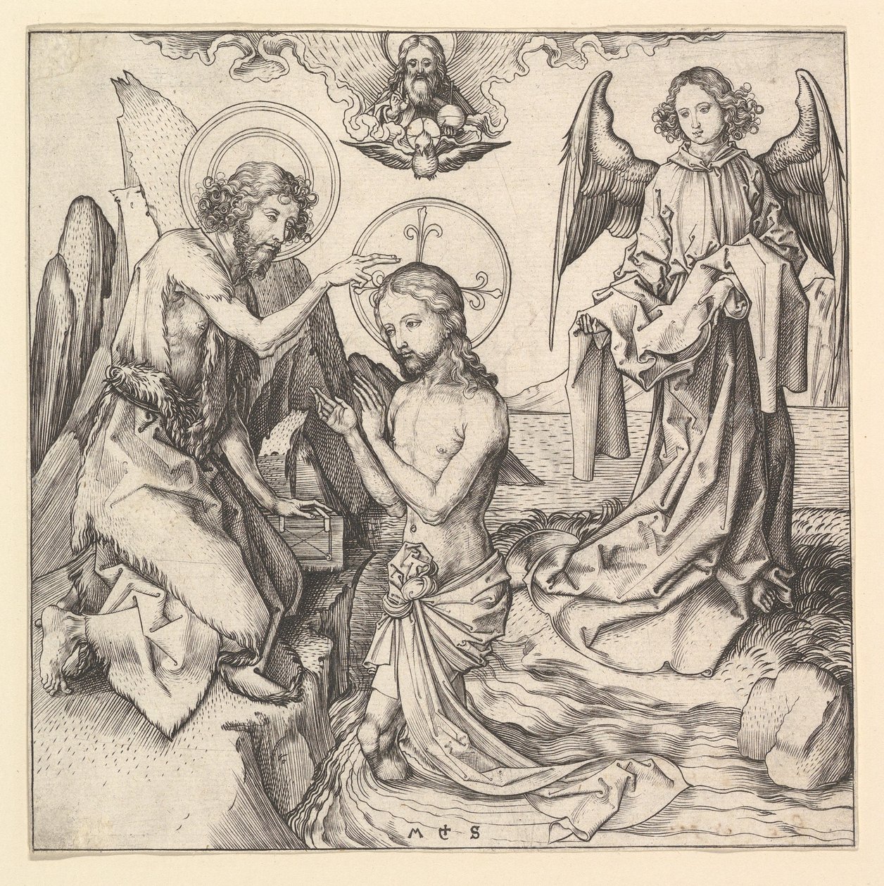 Krisztus keresztsége, kb. 1470-1474. alkotó: Martin Schongauer