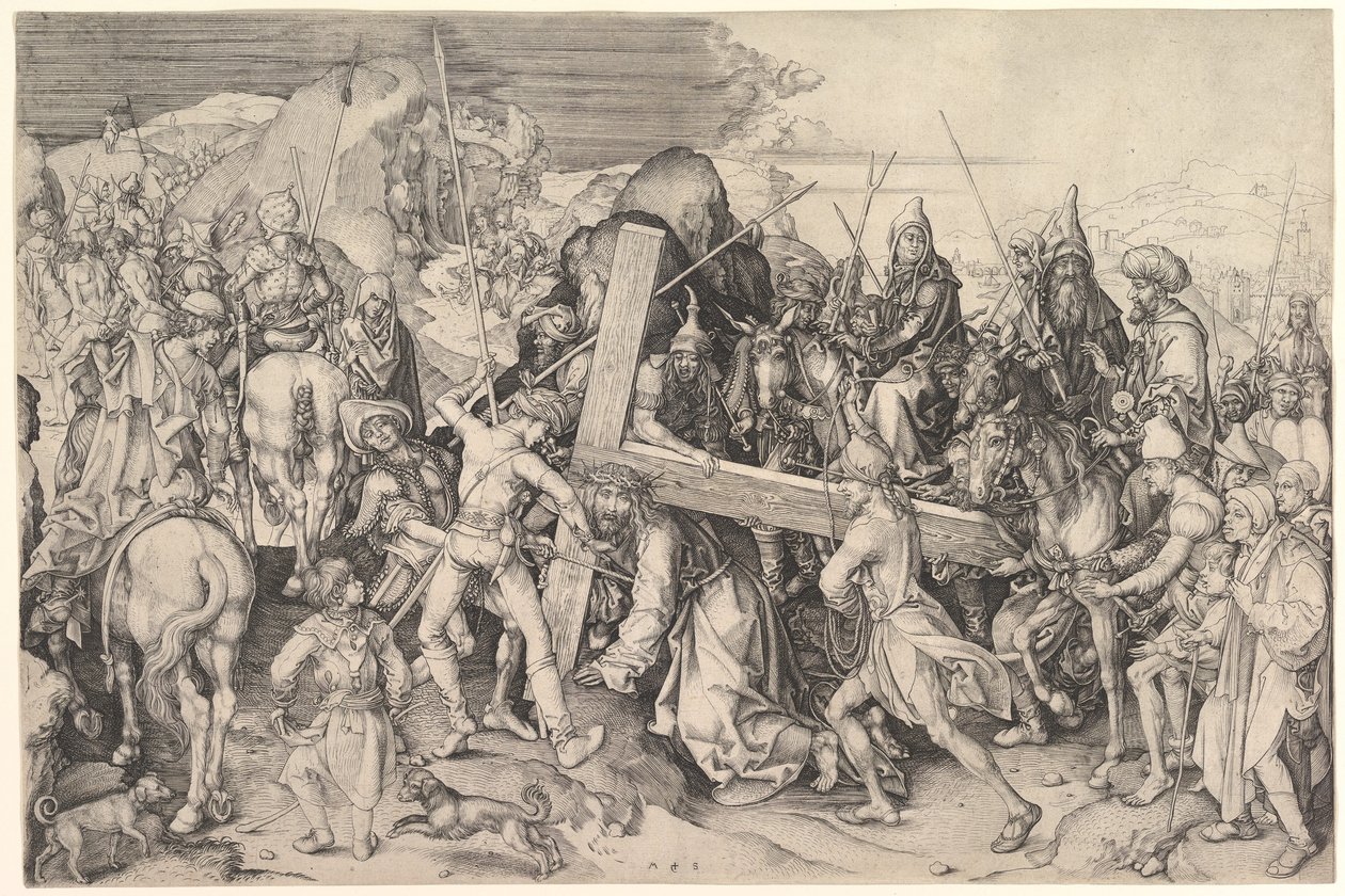 A keresztet hordozó Krisztus, 1475-80 körül (metszet) alkotó: Martin Schongauer