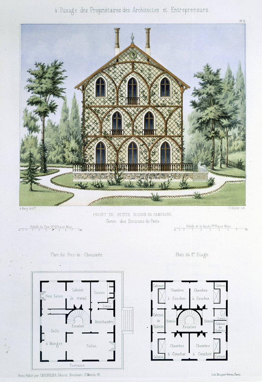 Egy Párizs melletti kis vidéki ház projektje, Walter gravírozása, 9. tábla az „Architecture Pittoresque et Moderne”-ból alkotó: Marty