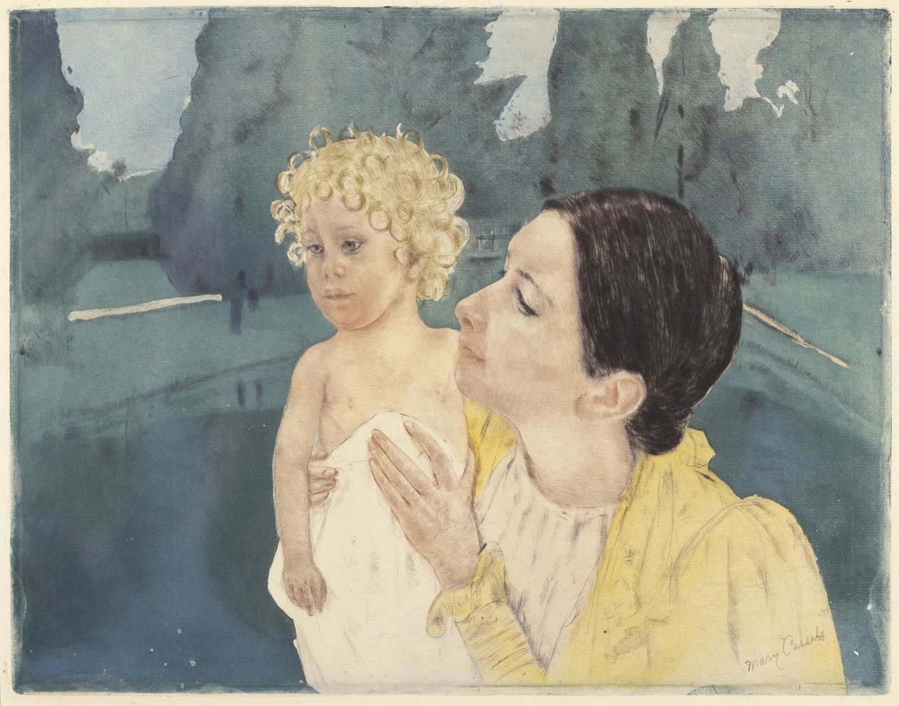 Anya és gyermeke medence előtt, 1898 (szárazpont és akvatinta fektetett papíron) alkotó: Mary Cassatt