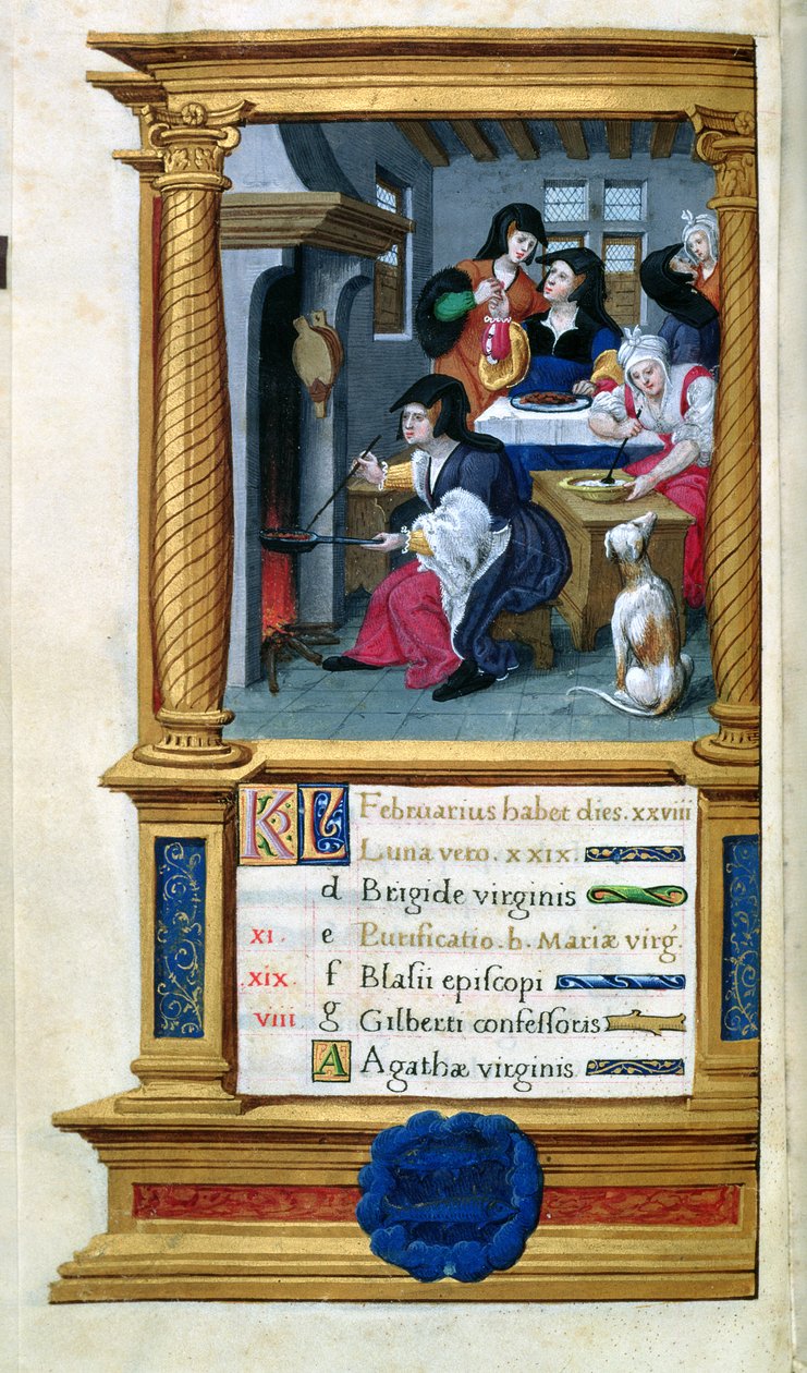 MS W449 fol.3v február: Főzés és lakomázás, 1525 körül alkotó: Master Jean de Mauleon