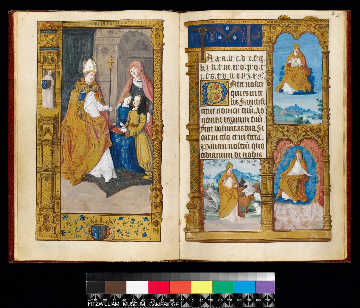 Ms 159, fol 2v und 3r Bretagne-i Anna St Claude-nak bemutatva, a „The Primer of Claude of France”-ból (tinta és aranyfesték pergamenen) alkotó: Master of Antoine de Roche