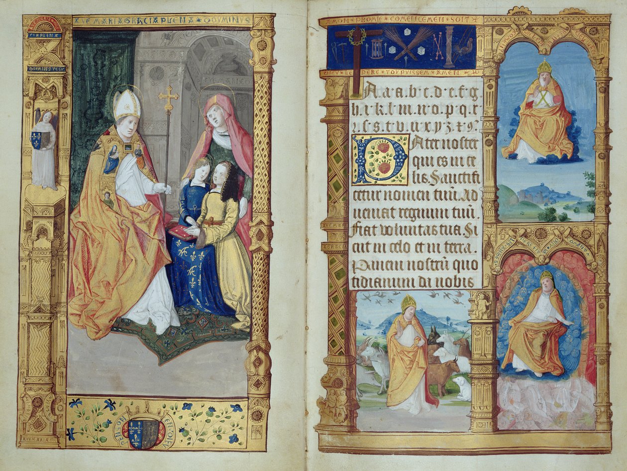Ms 159, pp.1-2 Egy lány letérdel az íróasztalnál a Szűzanyával és a szentekkel, alapozóból, 1500-10 körül (tinta és aranyfesték pergamenen) alkotó: Master of Antoine de Roche