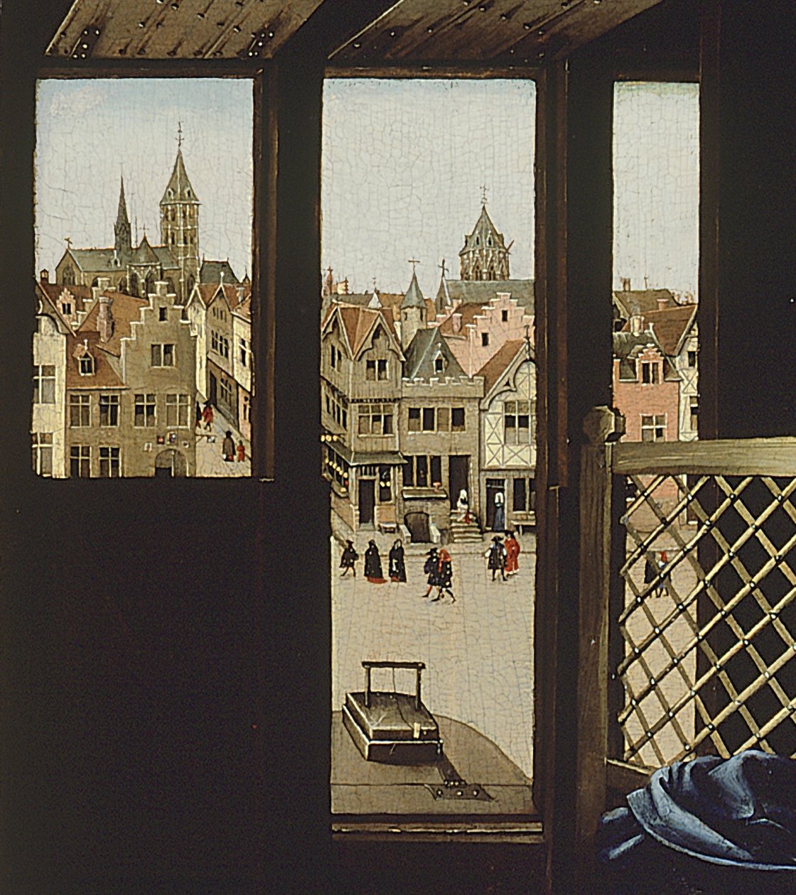 Középkori ácsként ábrázolt Szent József, az ablak részlete a Merode-oltár jobb oldali táblájáról, 1427-32 körül alkotó: Master of Flémalle