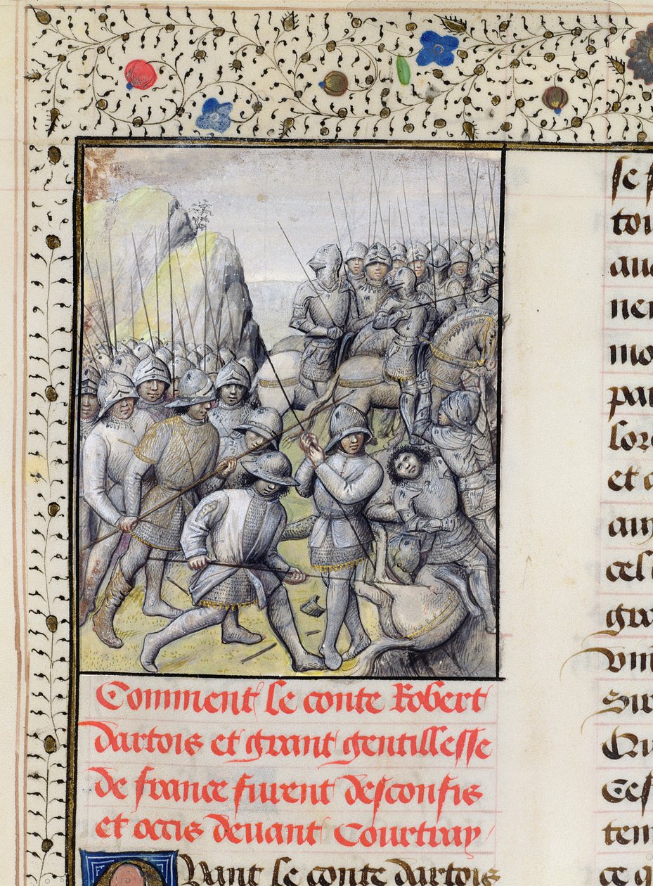 Ms 659 f.137 r. A flamandok legyőzik a francia hadsereget a Courtrai melletti Golden Spurs-i csatában 1302-ben, 1477-ben alkotó: Master of Mary of Burgundy