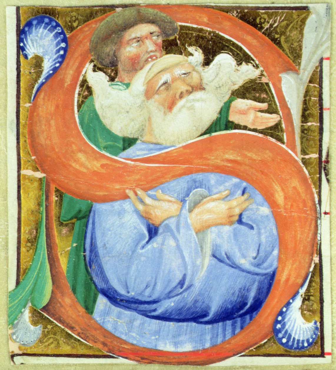 Történelmi kezdetű S, amely egy idős embert ábrázol, aki imádkozik alkotó: Master of San Michele of Murano