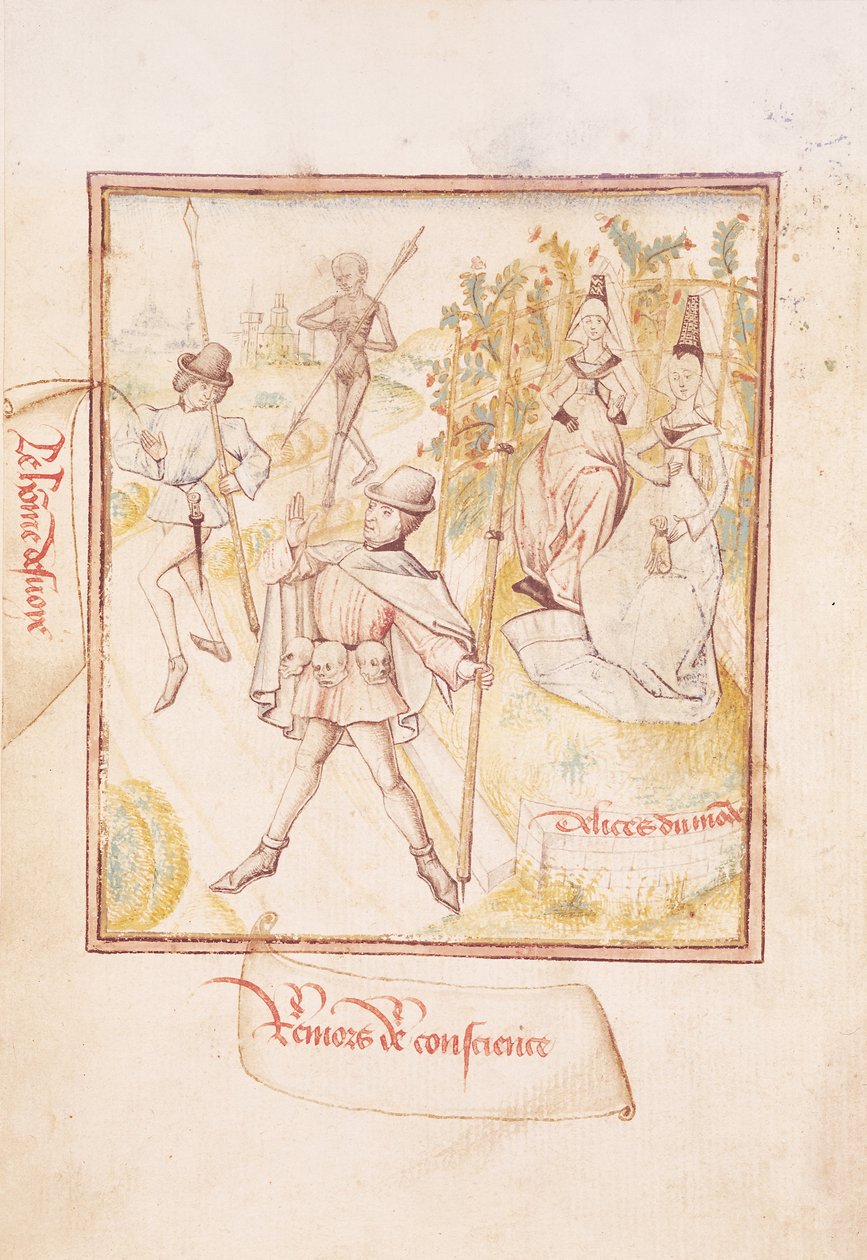 Ms 410 fol.24v A tévútra tévedt ember, aki meggondolja magát és a világ gyönyöreit, a "Le Miroir de la Mort"-ból, 1460 körül. alkotó: Master of the Champion des Dames