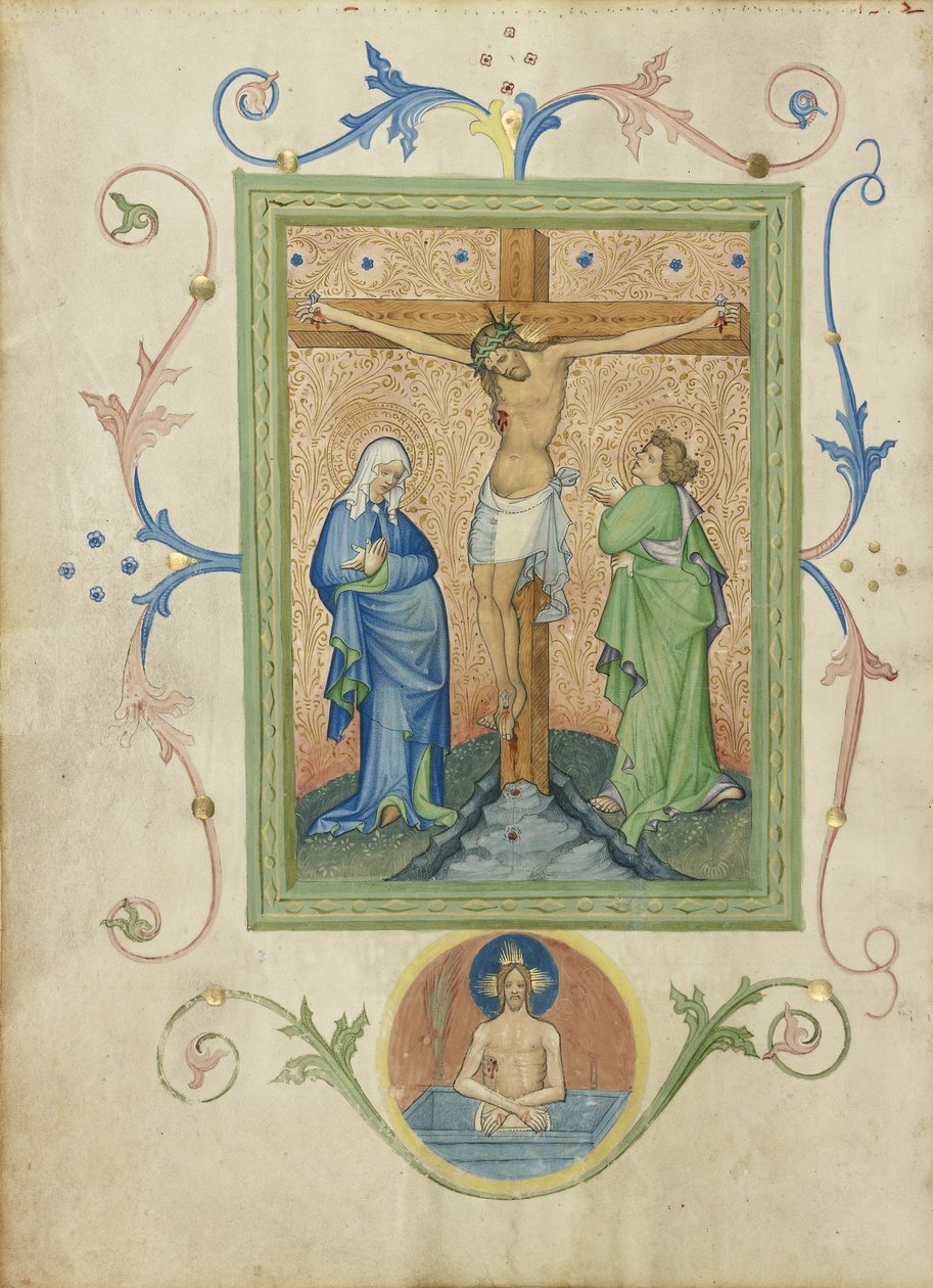 A keresztrefeszítés a Collegium Ducale misekönyvből, 1420-30 körül (tempera, arany levél és tinta pergamenre). alkotó: Master of the Kremnitz Stadtbuch