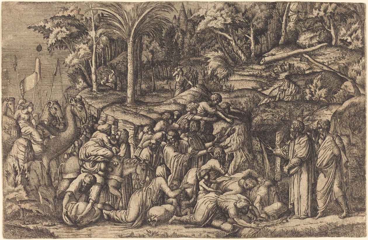Mózes megüti a sziklát alkotó: Master IV after Francesco Primaticcio